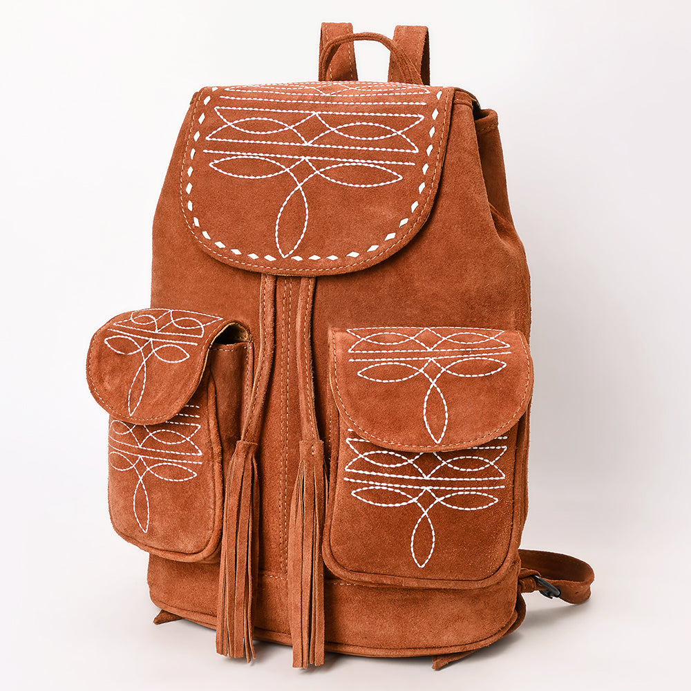 American Darling Western Genuine Suede Leather Backpack Bag with Buck Stitching & Tassel Accents
