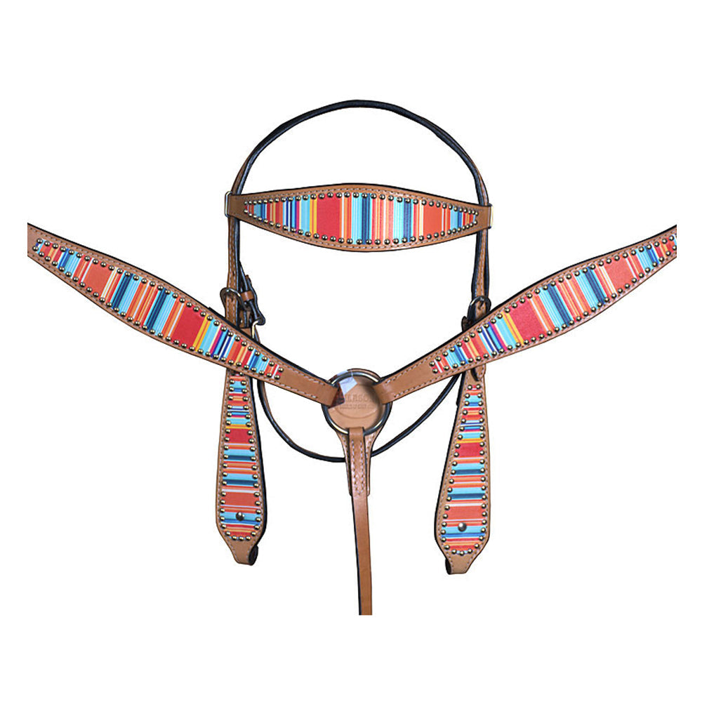 Hilason Western Horse Breast Collar Headstall American Leather Tan Serape Print