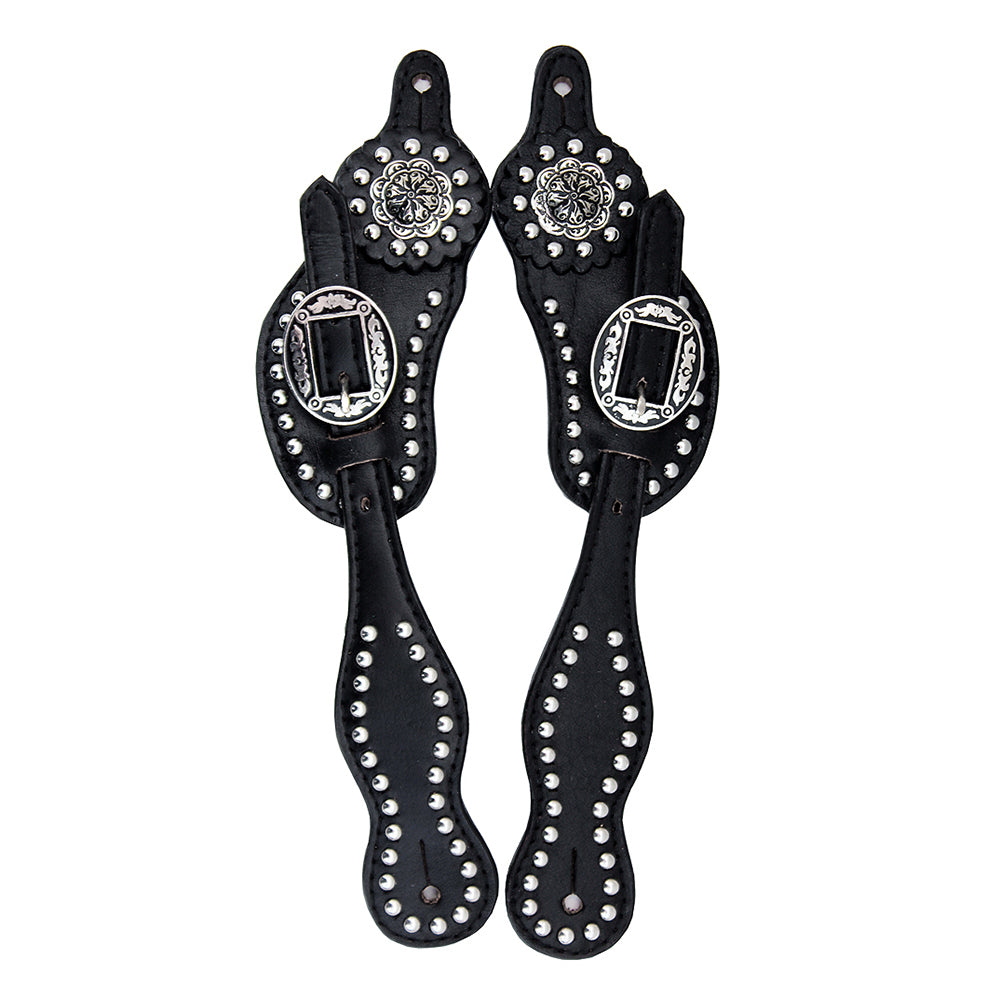 Hilason Western Leather Spur Straps Black With Studs And Concho
