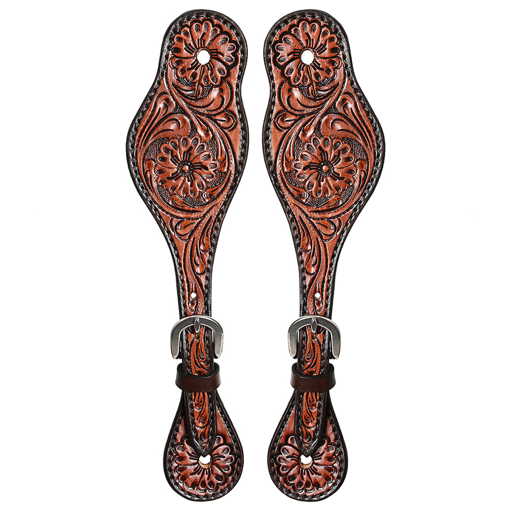 HILASON Western Leather Spur Straps Brown Floral Carving Rustic Vintage | Spur Straps | Leather Spur Straps | spur straps for women and men | spur straps western