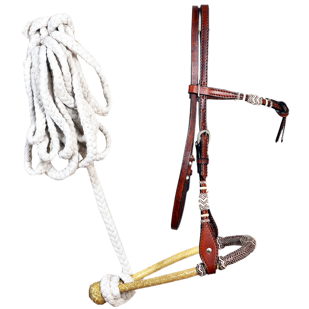 Hilason Western Headstall Horse Leather Rawhide Bosal Reins Bitless Brown