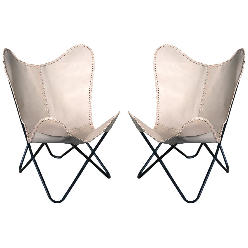 Pair Genuine Leather Butterfly Chair Folding Modern Sling Accent Seat