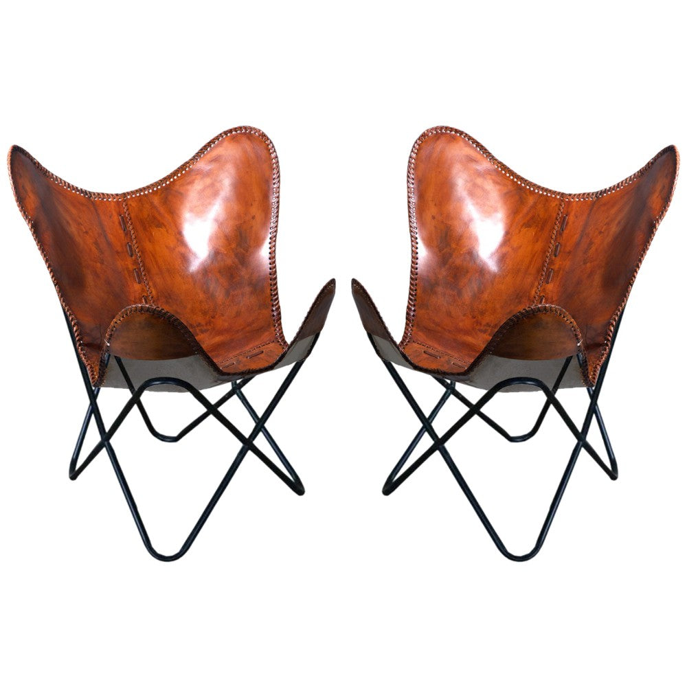 HILASON Pair Genuine Leather Butterfly Chair Folding Modern Sling Accent Seat | Lounge