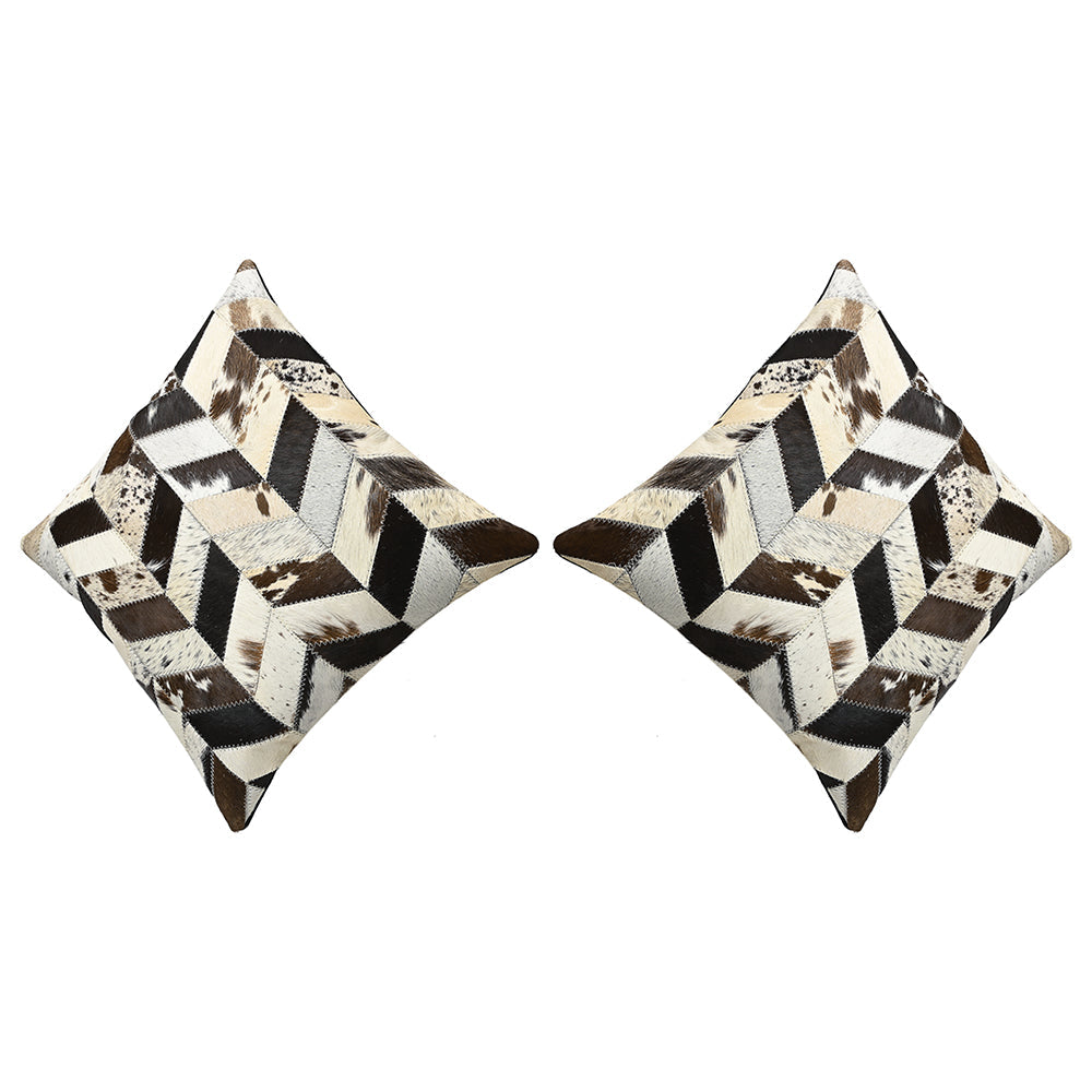 Set Of 2 Cowhide Leather Hair-On Patchwork Cushion Pillow Cover 16 X 16