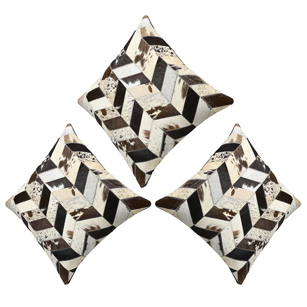 Set Of 3 Cowhide Leather Hair-On Patchwork Cushion Pillow Cover 16 X 16