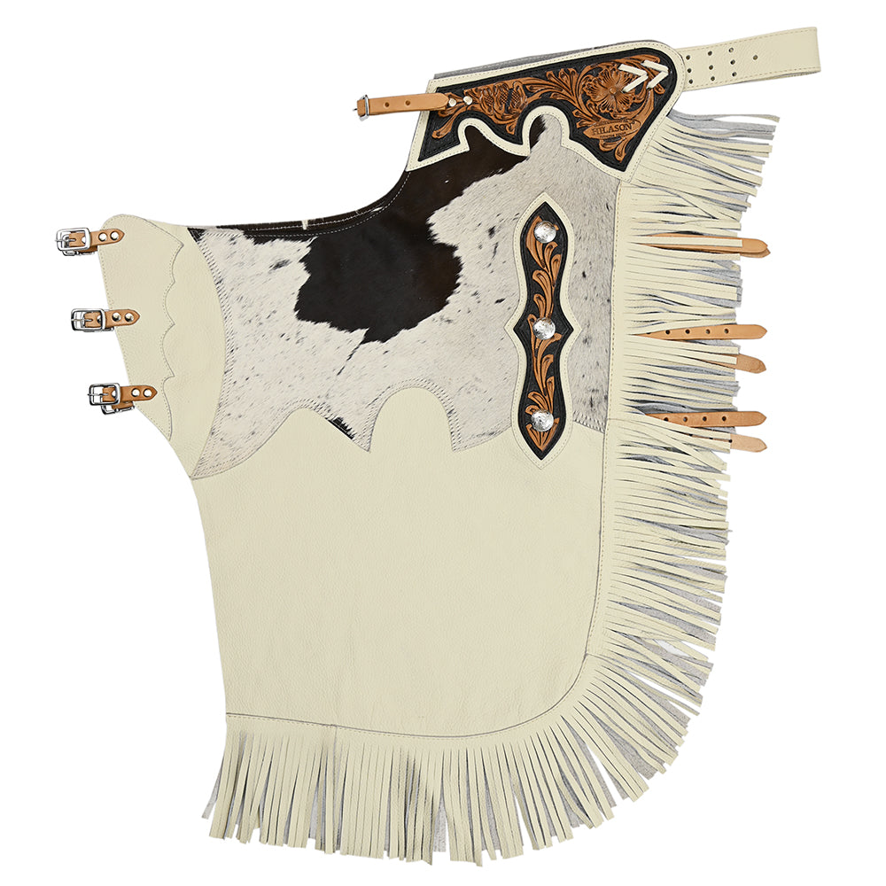 HILASON Bull Riding Chinks Adult Pro Rodeo Bronc Leather White | Handmade Chaps Western for Adults Hand Tooled