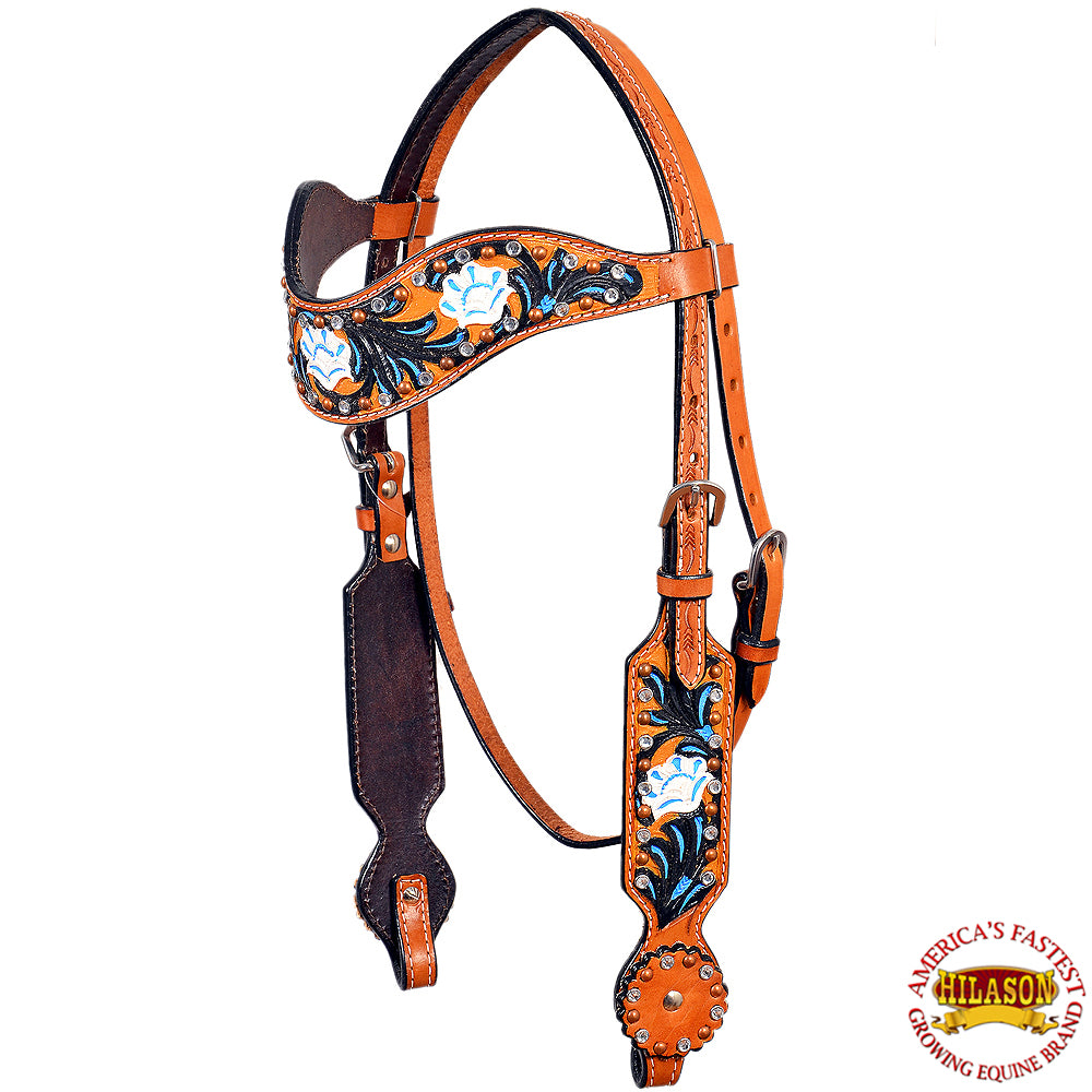 HILASON Western Horse Headstall Bridle American Leather Tan Floral Black