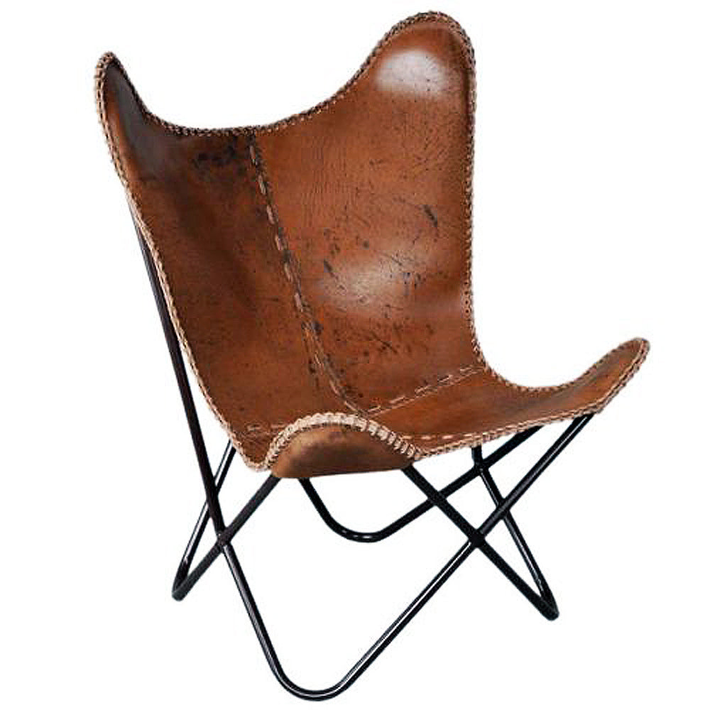 Genuine Leather Butterfly Chair Lounge Modern Sling Accent Seat