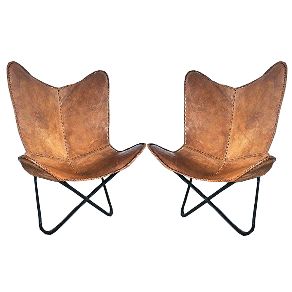Pair Genuine Leather Butterfly Chair Modern Sling Accent Seat