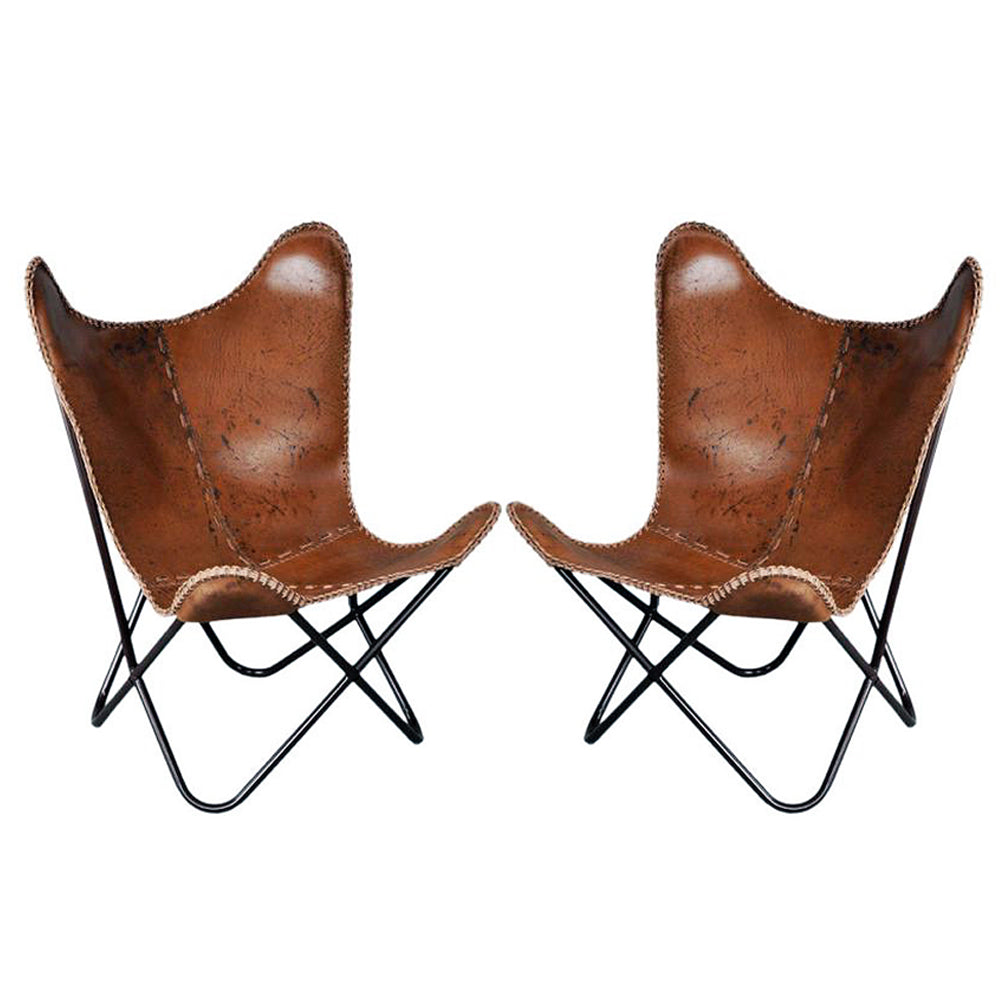 Pair Genuine Leather Butterfly Chair Modern Sling Accent Seat