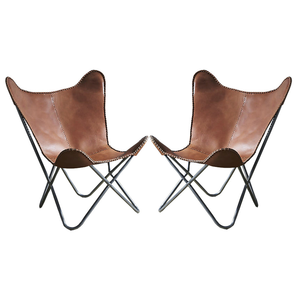 Pair Genuine Leather Butterfly Chair Modern Sling Accent Seat