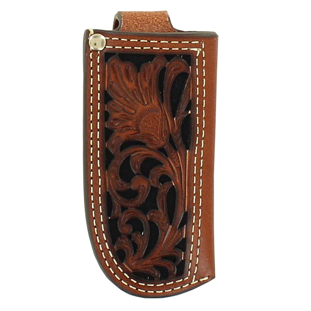 Small Nocona Pierced Leather Pocket Knife Sheath Cutouts Top Stitching Black
