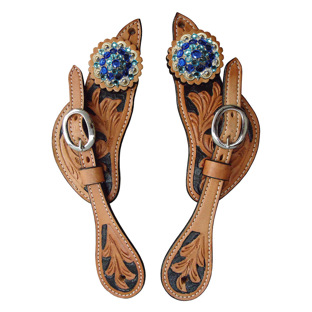 Hilason Western Horse Spur Straps Leather Oiled Black Hand Paint Inlay