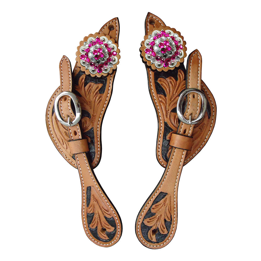 Hilason Western Horse Spur Straps Leather Oiled Black Hand Paint Inlay