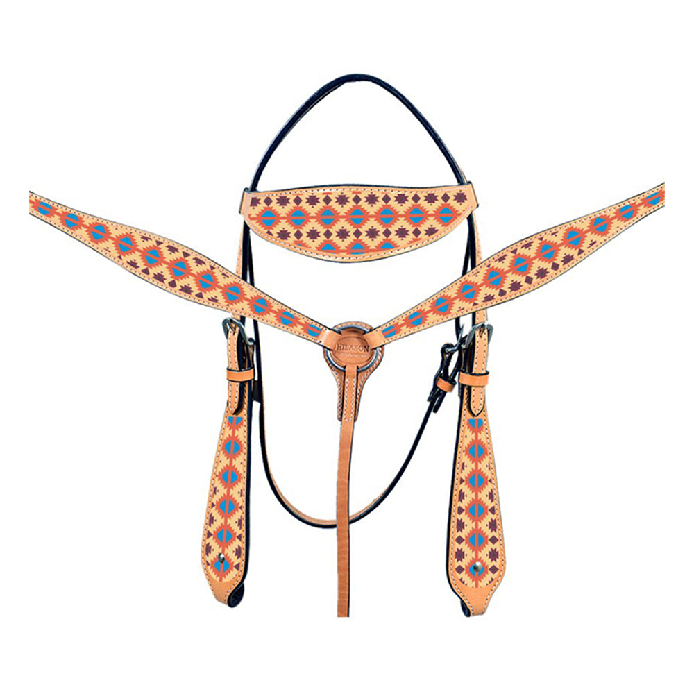 HILASON Western Horse Leather Headstall & Breast Collar Tack Set Aztec | for Horses
