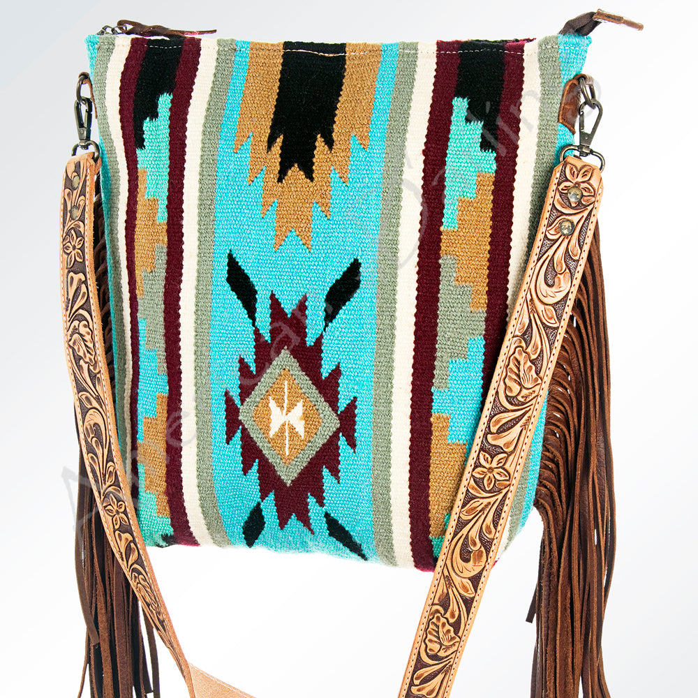 American Darling Signature Crossbody Bag - Genuine Leather Western Handbag with Hand-Tooled Floral Strap and Woven Saddle Blanket