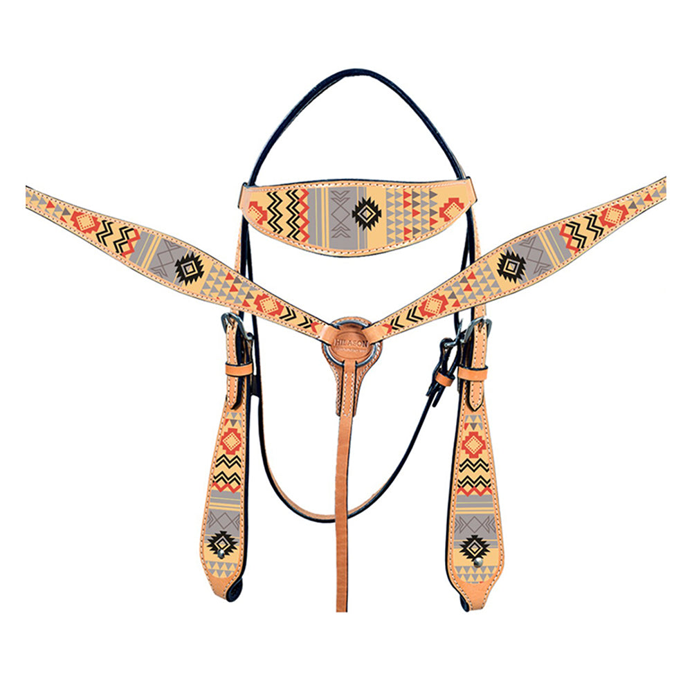 HILASON Western Horse Leather Headstall & Breast Collar Tack Set Crimson Aztec | for Horses