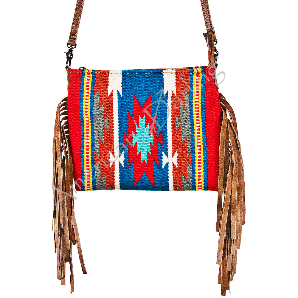 American Darling Western Cross body Bag Hand Tooled Floral Leather & Hand Woven Saddle Blanket with Fringes