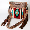 American Darling Signature Cross Body Bag Handcrafted from Hand Tooled Leather and Woven Saddle Blanket with Side Fringes