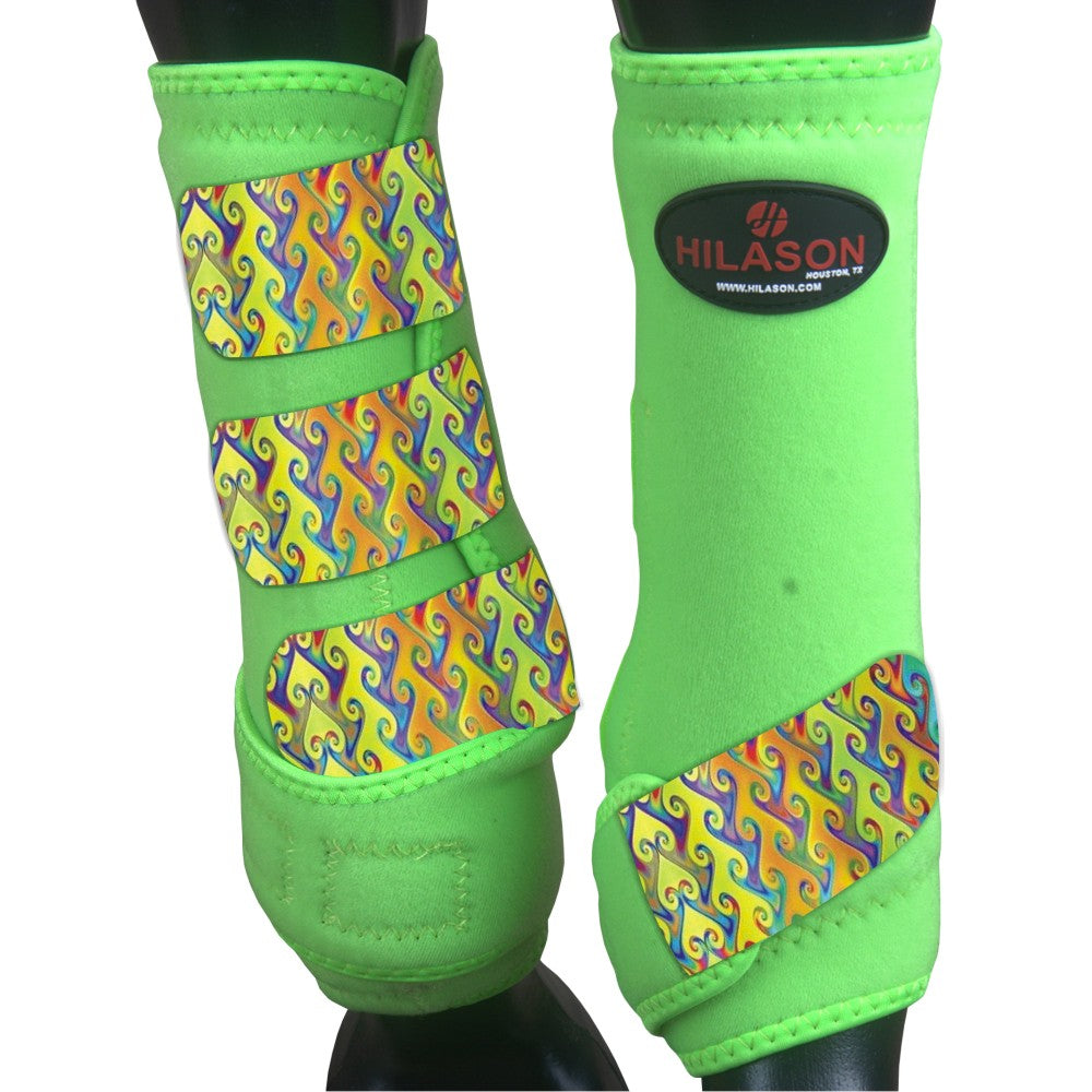 Large Hilason Horse Medicine Sports Boots Front Leg Green w/ Rainbow