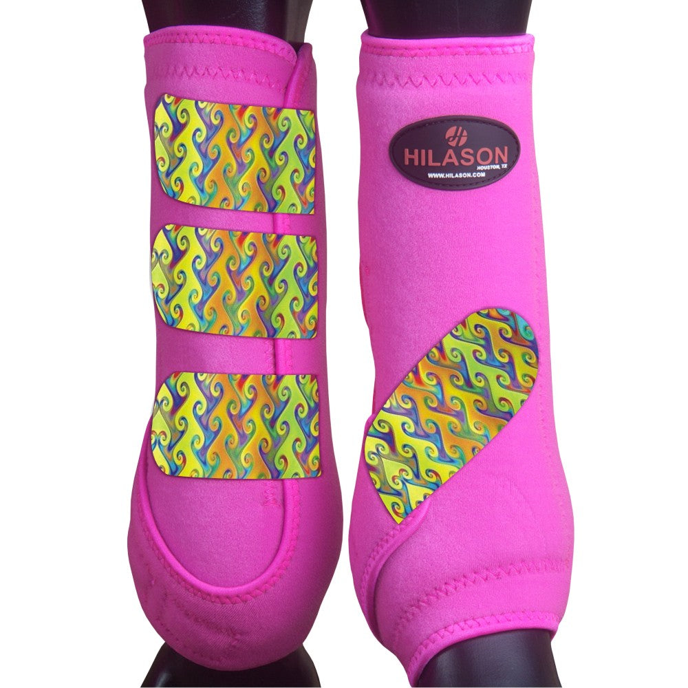 Large Hilason Horse Medicine Sports Boots Front Leg Pink w/ Rainbow