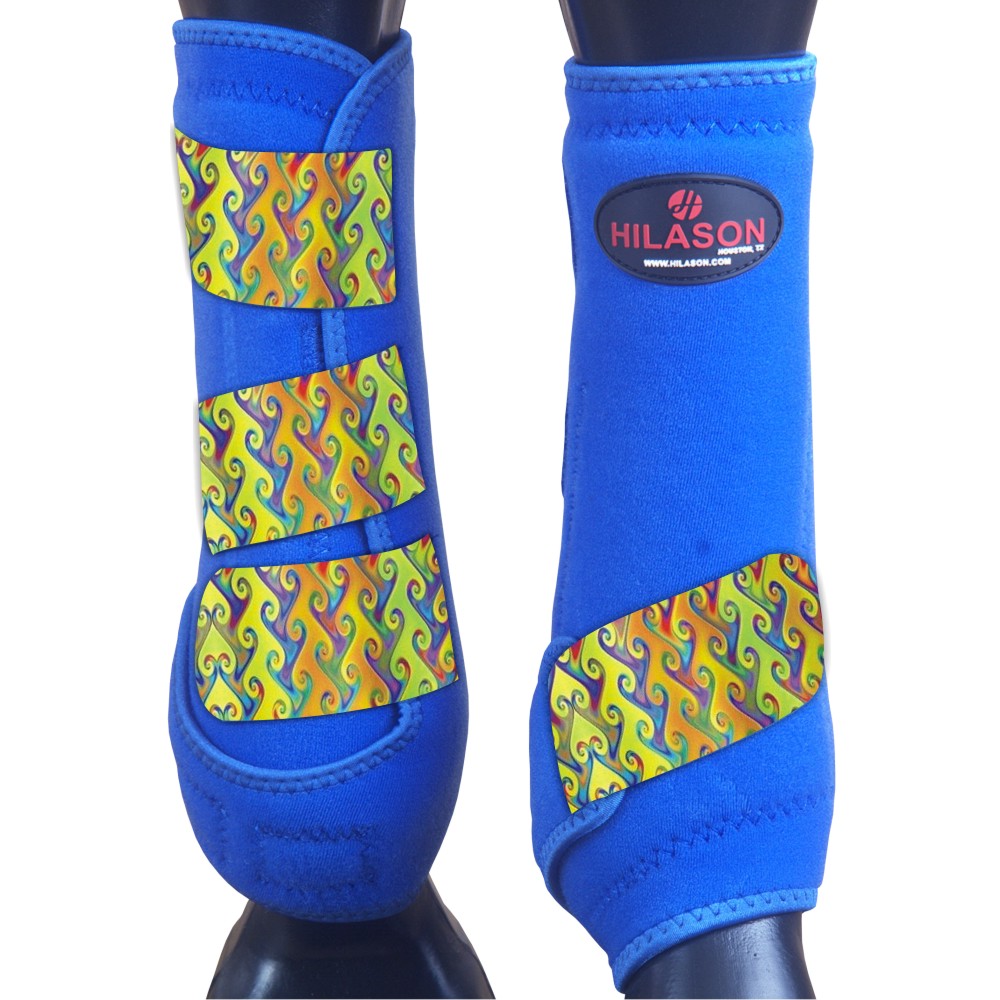 Medium Hilason Horse Medicine Sports Boots Front Leg Royal Blue w/ Rainbow