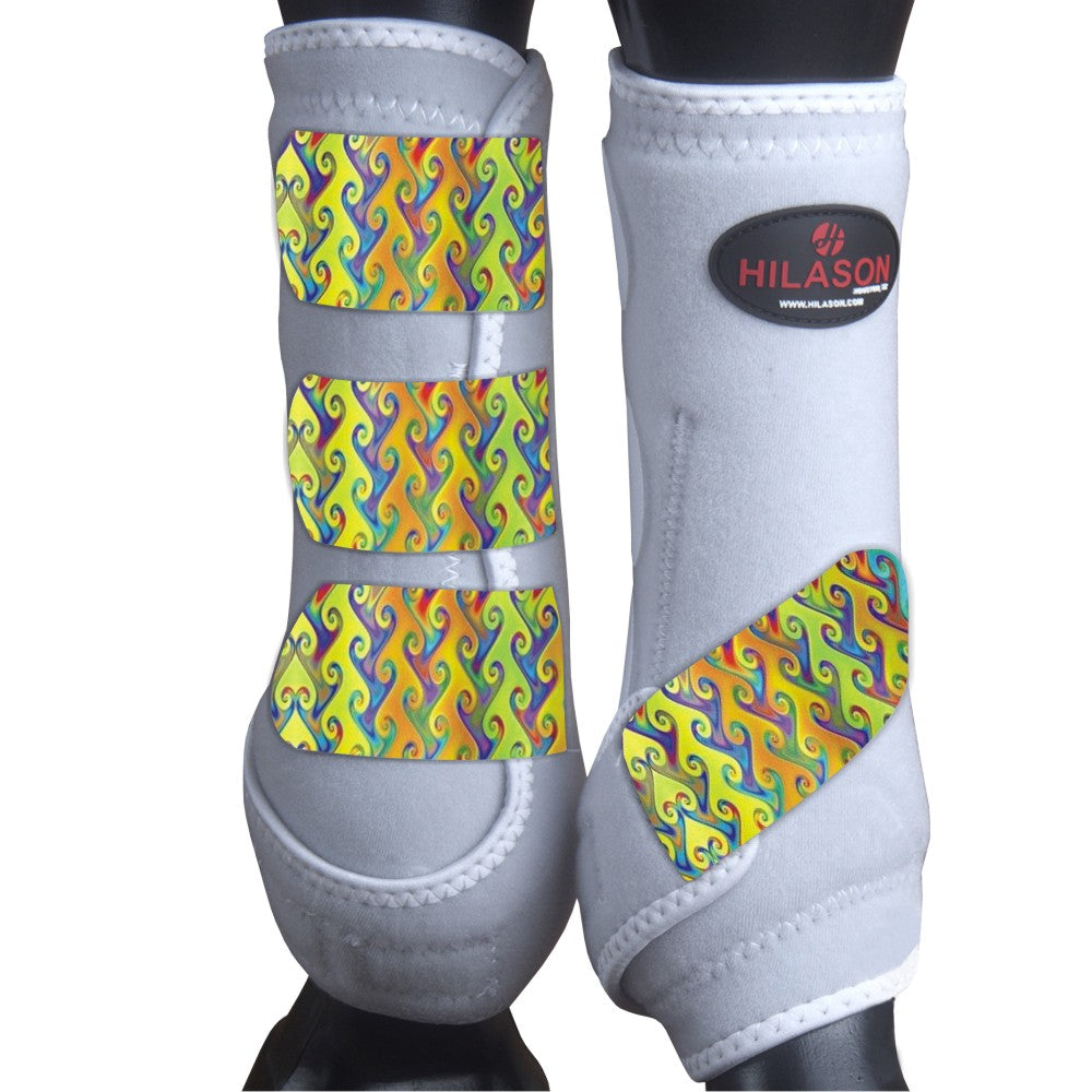X Large Hilason Horse Medicine Sports Boots Front Leg White w/ Rainbow