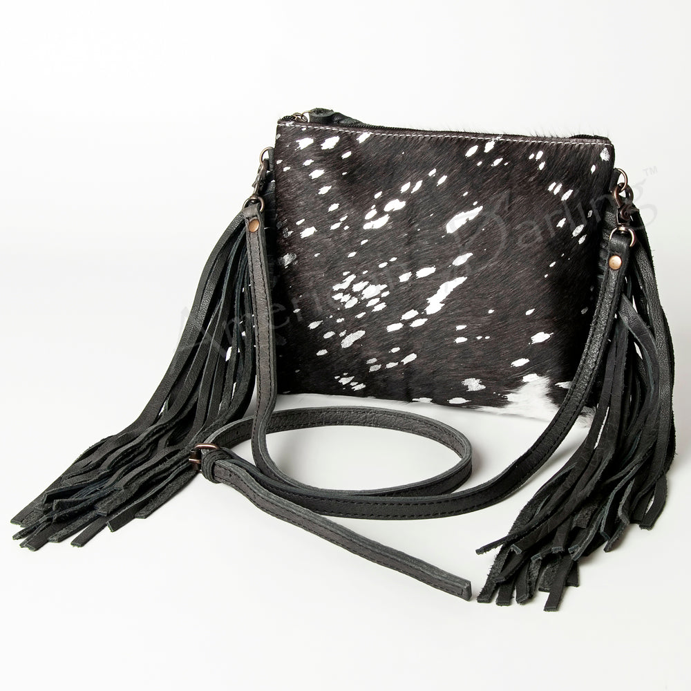 American Darling Western Small Crossbody Bag – Genuine Hair-On Cowhide Leather with Fringes, Adjustable Strap, Handcrafted in Texas