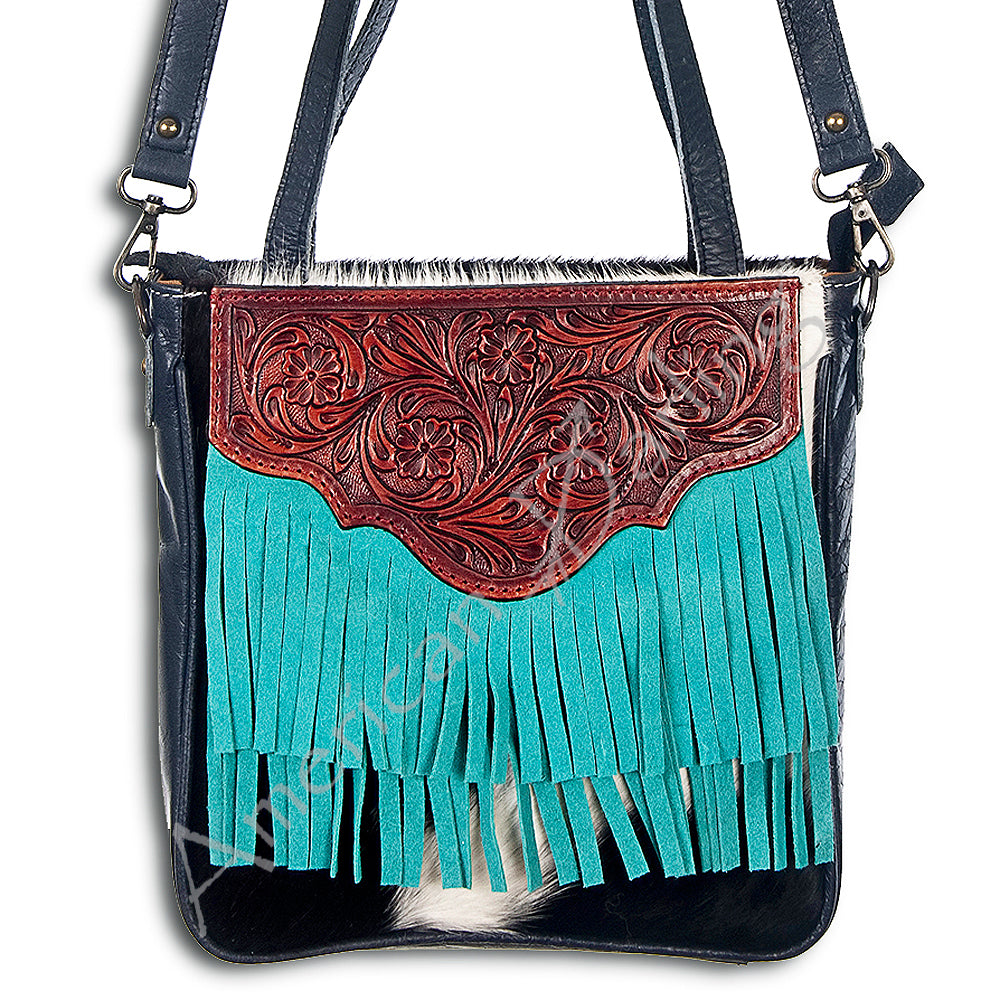 American Darling Cross body Bag, Hand Tooled Floral Leather, Hair-On Cowhide with Fringes, Western Crossbody Travel Purse