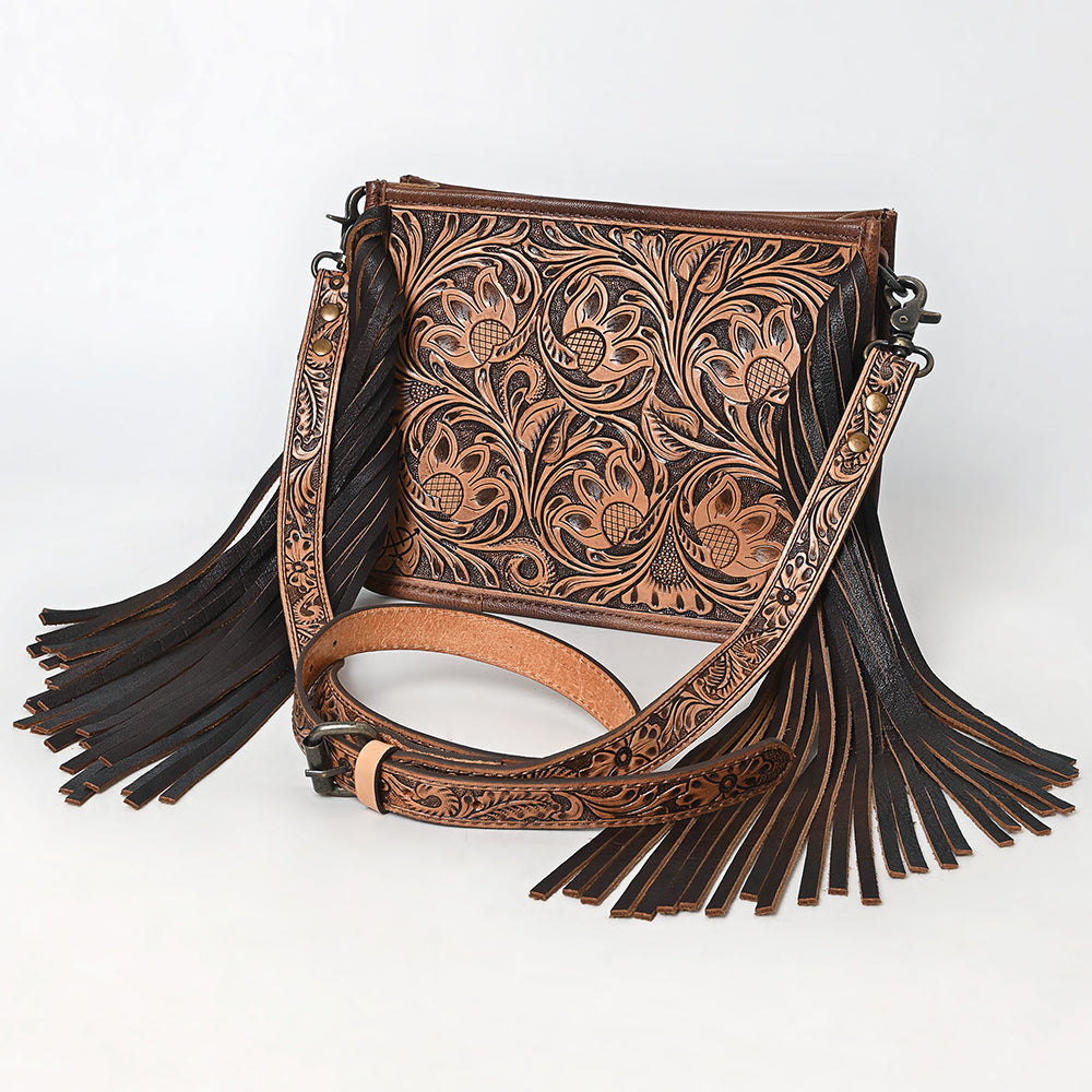 American Darling Messenger Bag Handcrafted from Hand Tooled Floral Carved Genuine Leather with Fringes and YKK Zipper