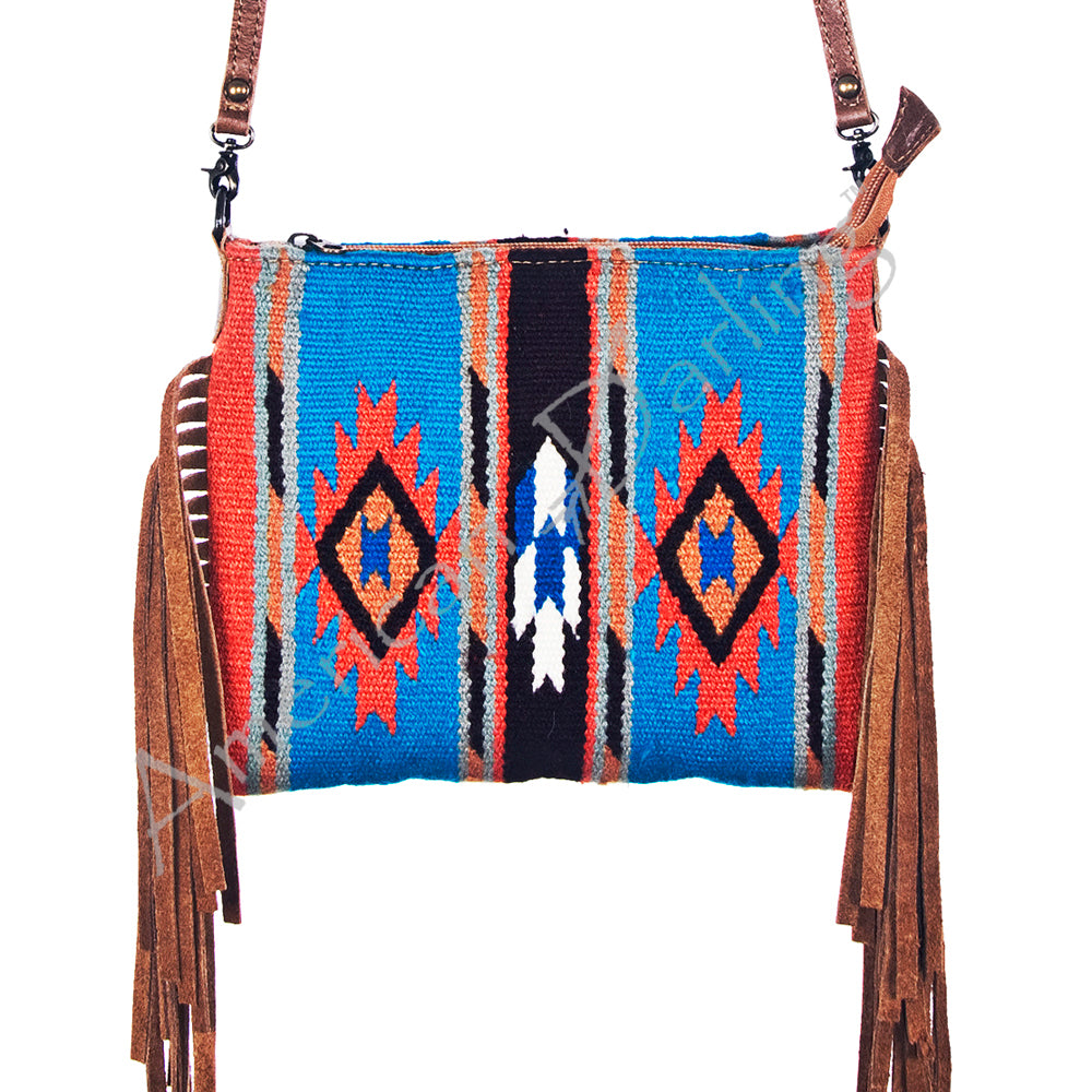 American Darling Western Cross body Bag Hand Tooled Floral Leather & Hand Woven Saddle Blanket with Fringes