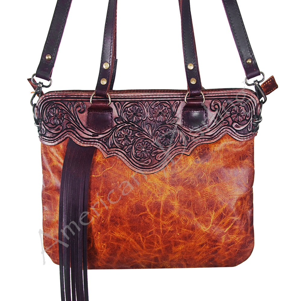 American Darling Small Cross body Bag Hand Tooled Floral Carved Leather with Fringes Western Crossbody Purse