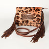 American Darling Small Cross body Bag Hand Tooled Floral Carved Leather Hair-On Cowhide with Fringes