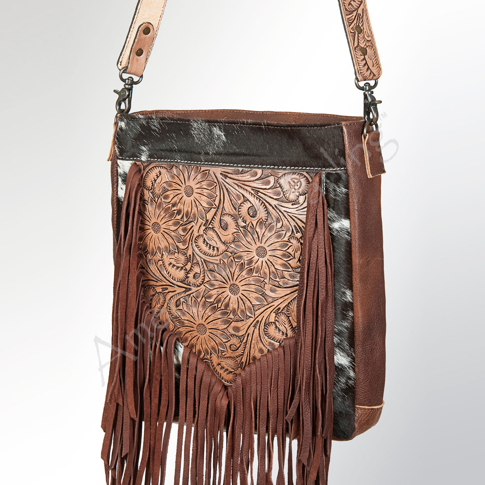 American Darling ADBG380BRWBR Messenger Hand Tooled Hair On Genuine Leather Women Bag Western Handbag Purse