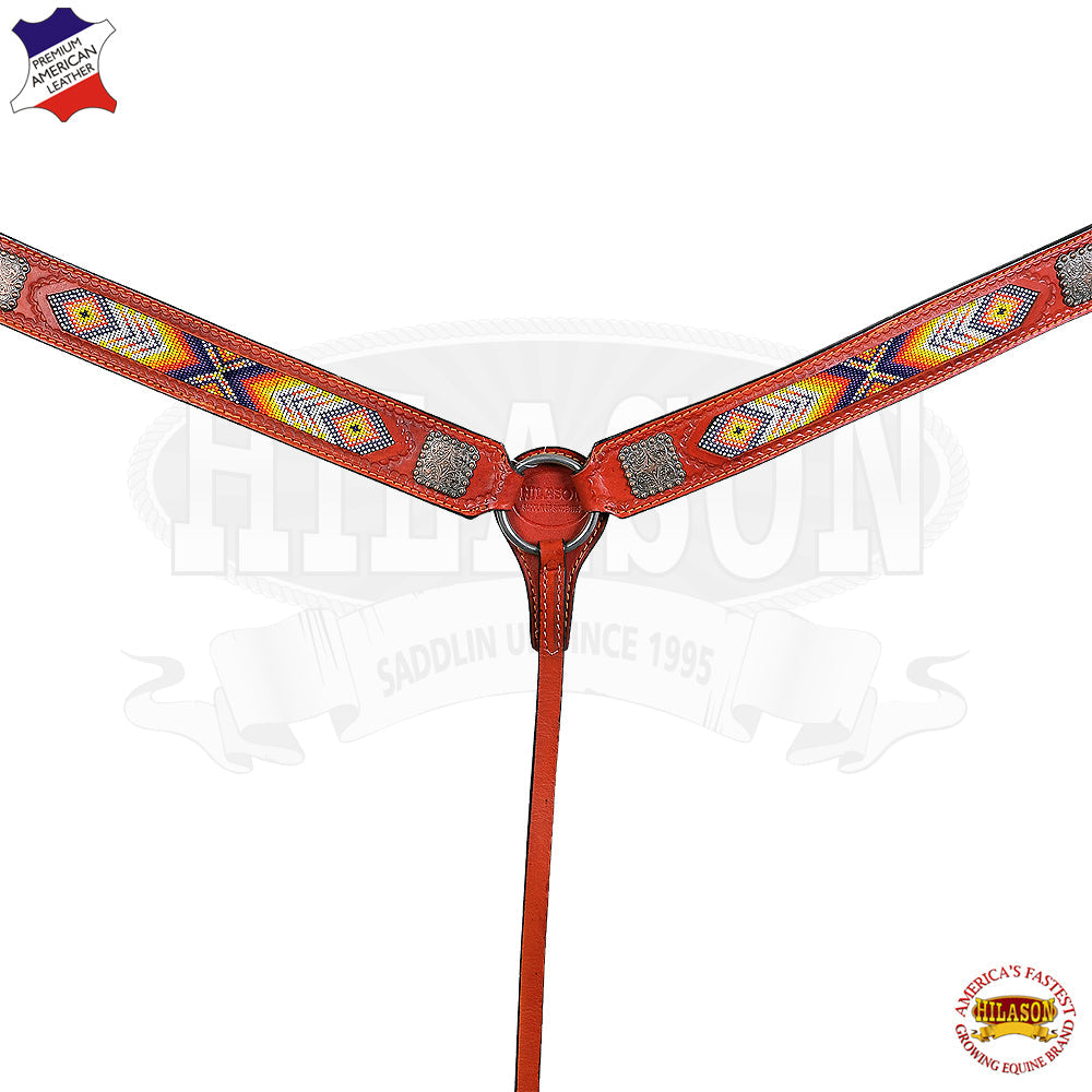 Western Horse Breast Collar Leather Mahogany Beaded Hilason