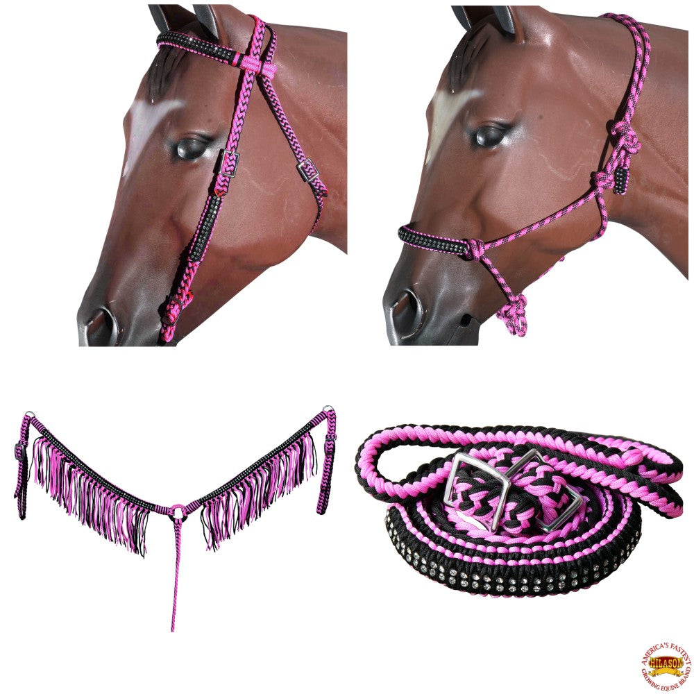 Hilason Horse Headstall Breast Collar Halter Reins Braided Paracord Pink