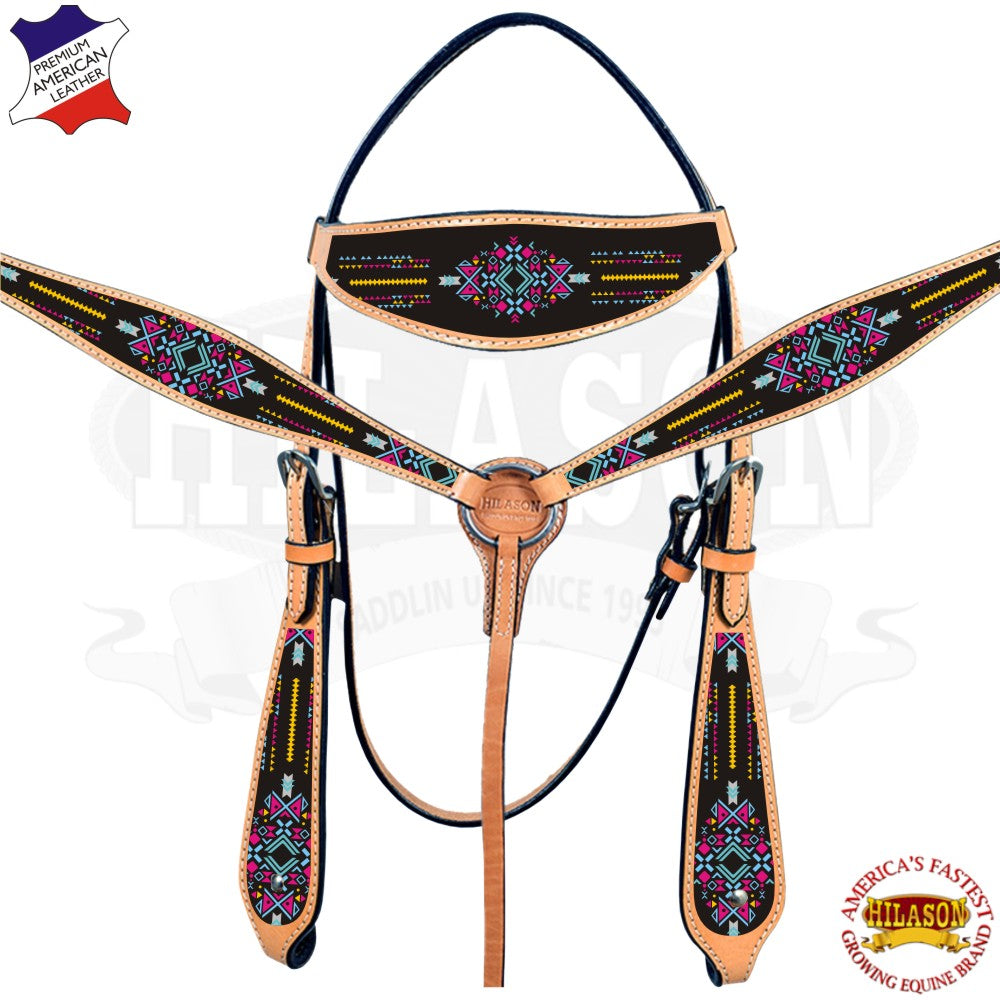 Western Horse Headstall Breast Collar Set American Leather Aztec Hilason
