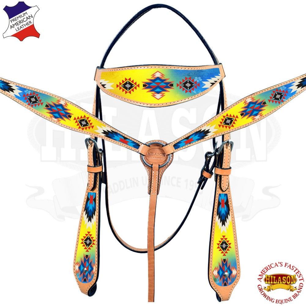 Western Horse Headstall Breast Collar Set American Leather Aztec Hilason