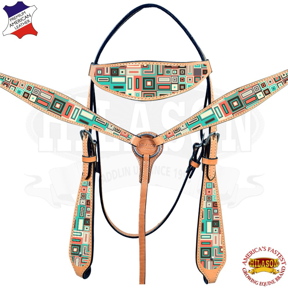 Western Horse Headstall Breast Collar Set American Leather Aztec Hilason