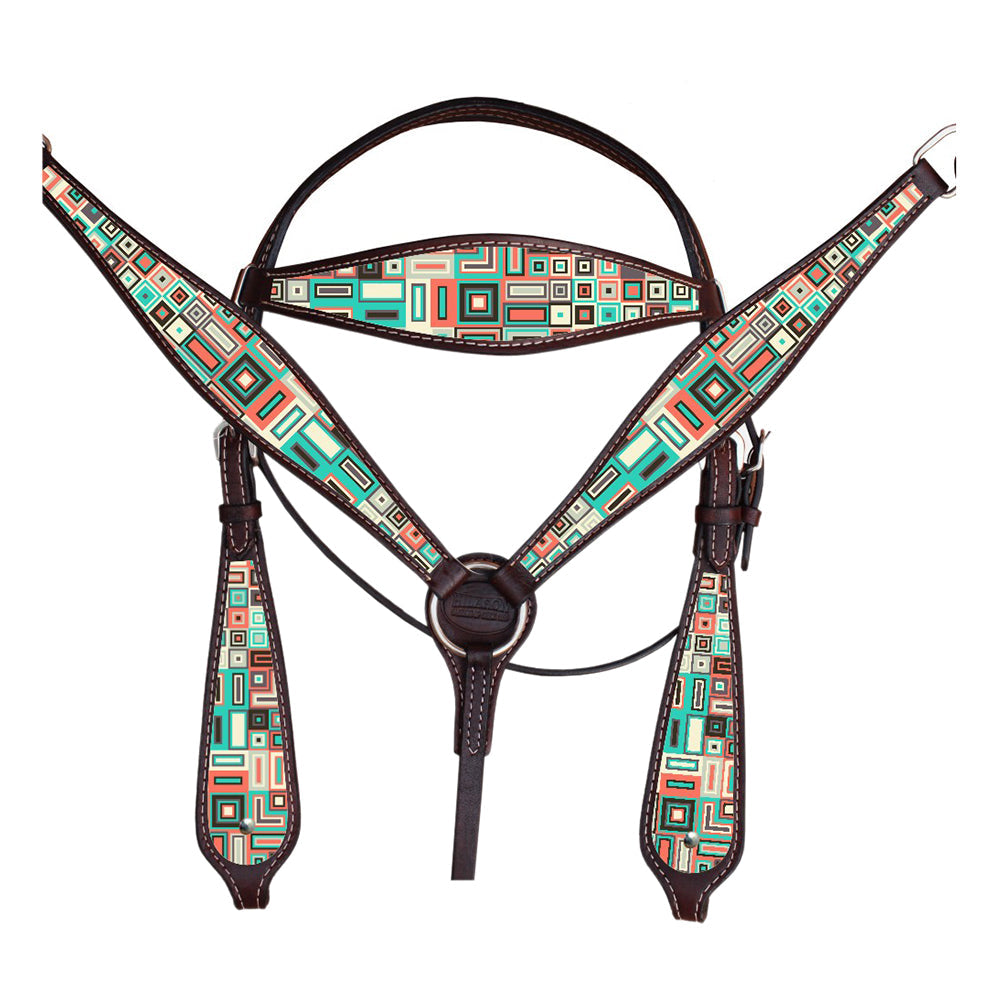 Western Horse Headstall Breast Collar Set American Leather Aztec Hilason