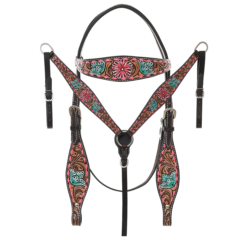 HILASON Western Horse Headstall & Breast Collar American Leather Hand Carving