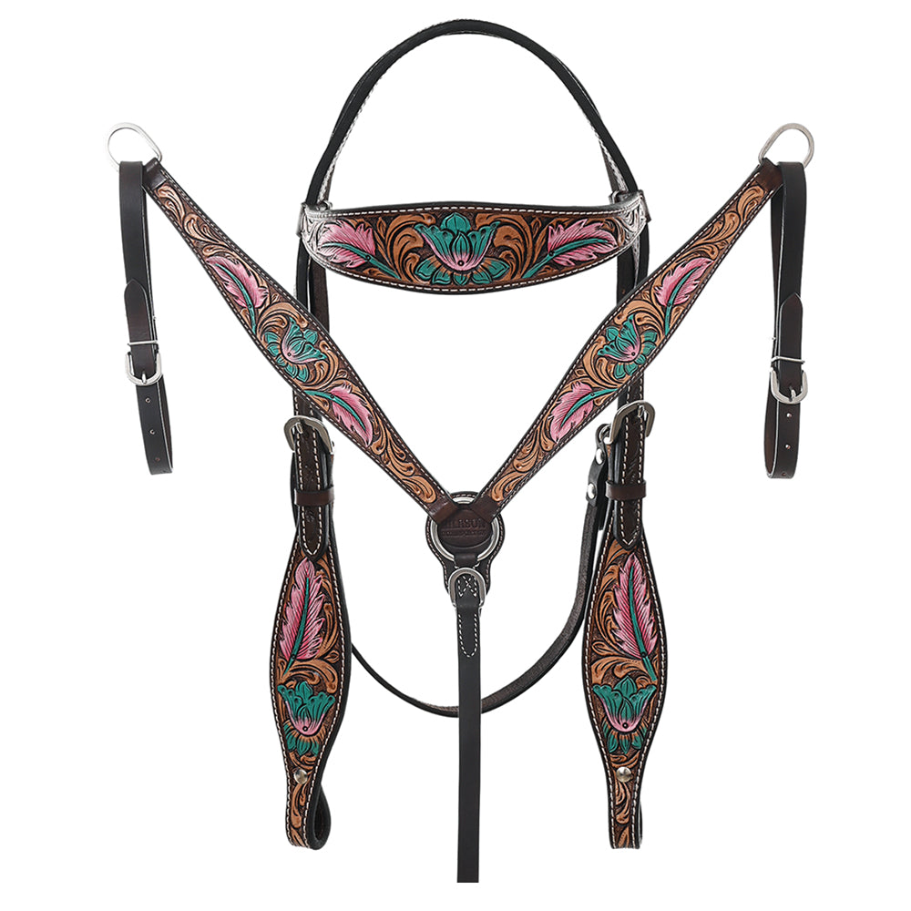 HILASON Western Horse Headstall & Breast Collar American Leather Hand Carving