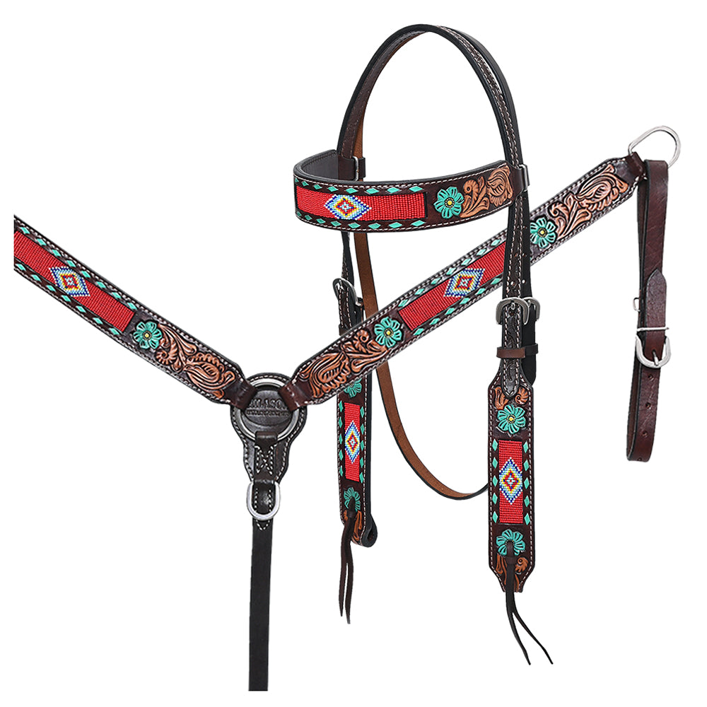 HILASON Western Horse Headstall & Breast Collar American Leather Floral Beaded