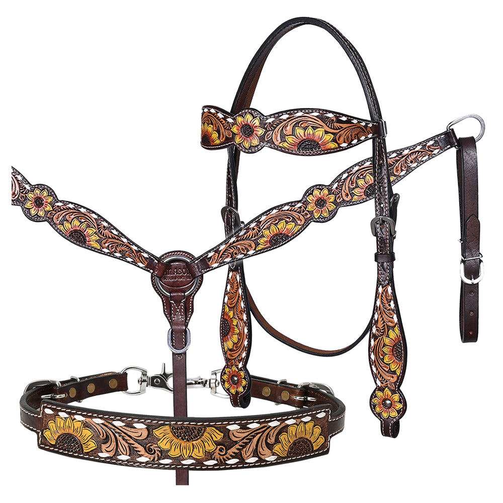 Hilason Western Horse Headstall Breast Collar Wither Strap Leather Sunflower Carving | Tack for Horses