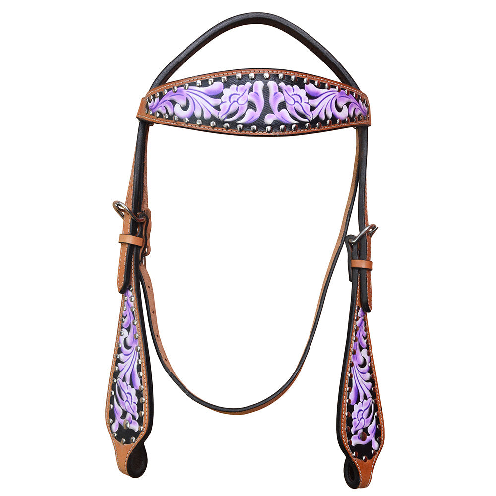 HILASON Western Horse Genuine Leather Headstall Breast Collar Floral Printed Tan