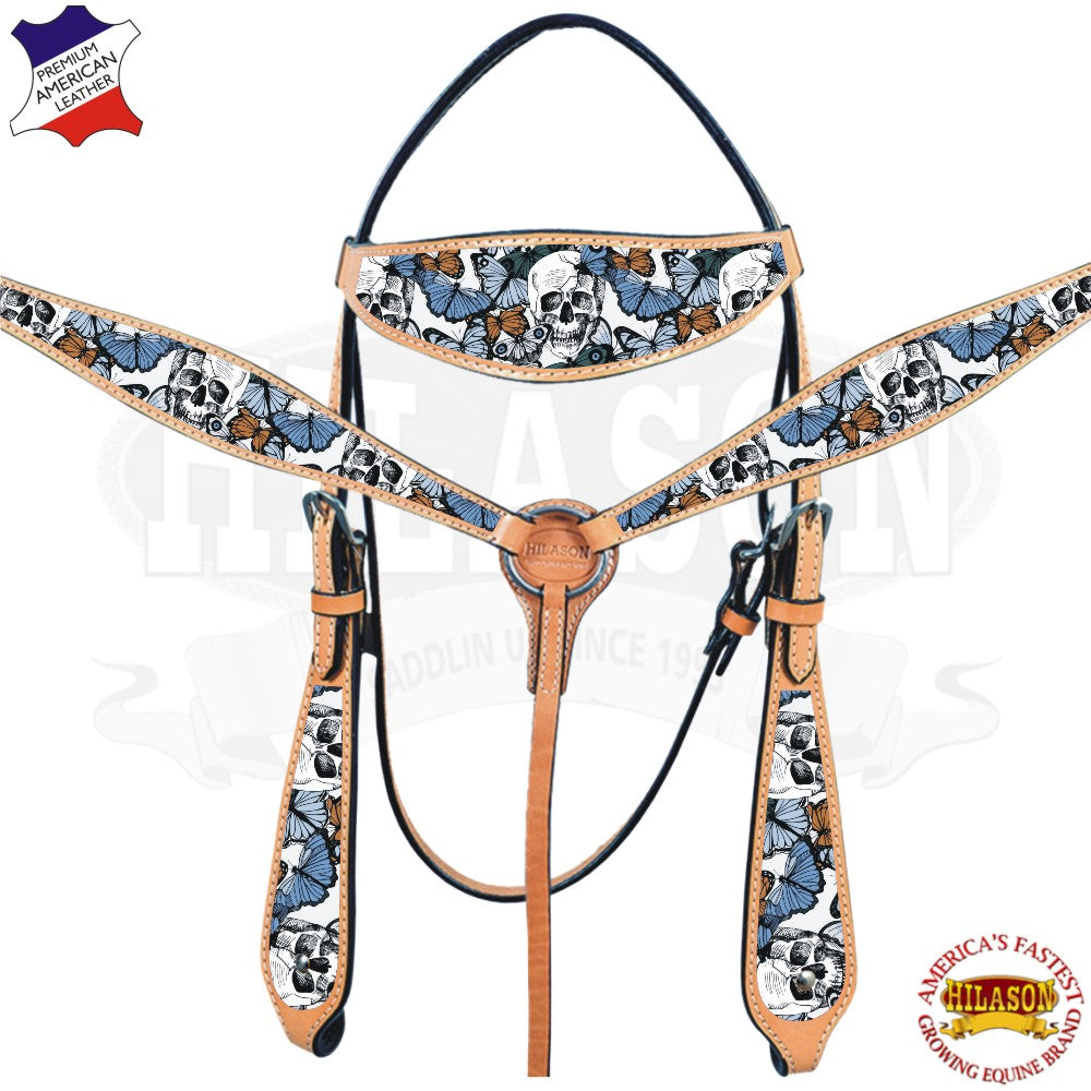 HILASON Western Horse Headstall Breast Collar Set American Leather Skull | Tack for Horses