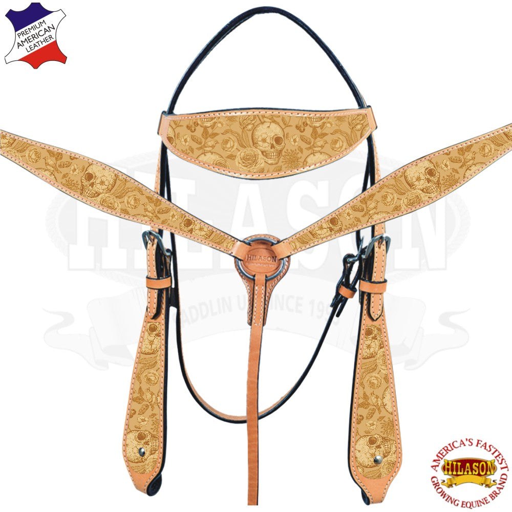HILASON Western Horse Headstall Breast Collar Set American Leather Skull | Tack for Horses