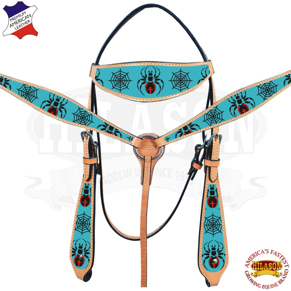 HILASON Western Horse Headstall Breast Collar Set American Leather Spider | Tack for Horses