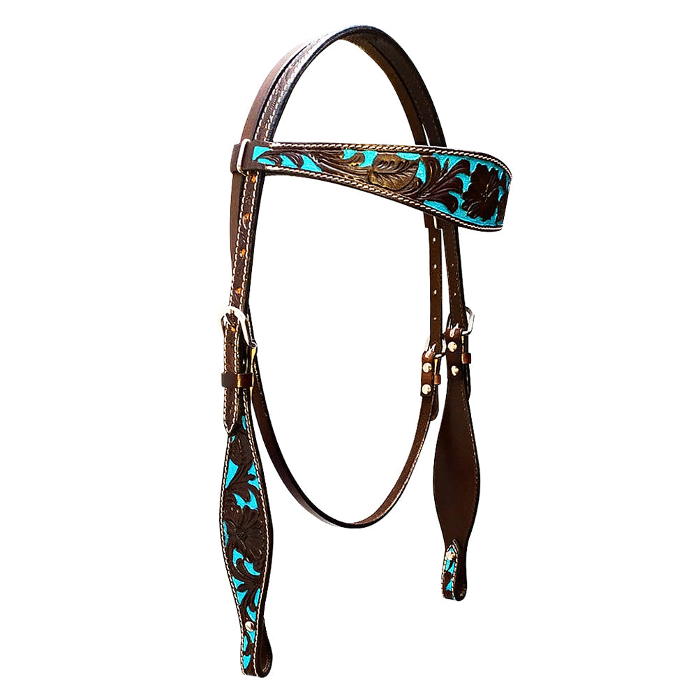HILASON Western Horse Tack Set American Leather Dark Brown & Turquoise Inlay | Headstall Breast Collar for Horses
