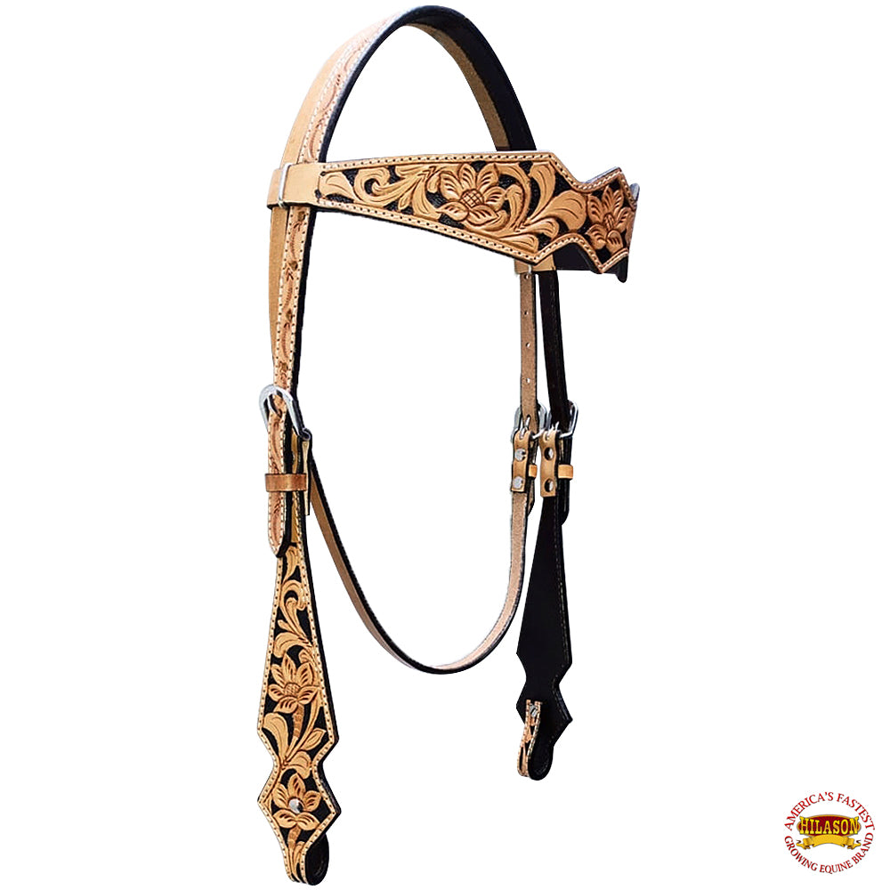 HILASON Western Horse Breast Collar & Headstall American Leather Carved Tan Black Inlay